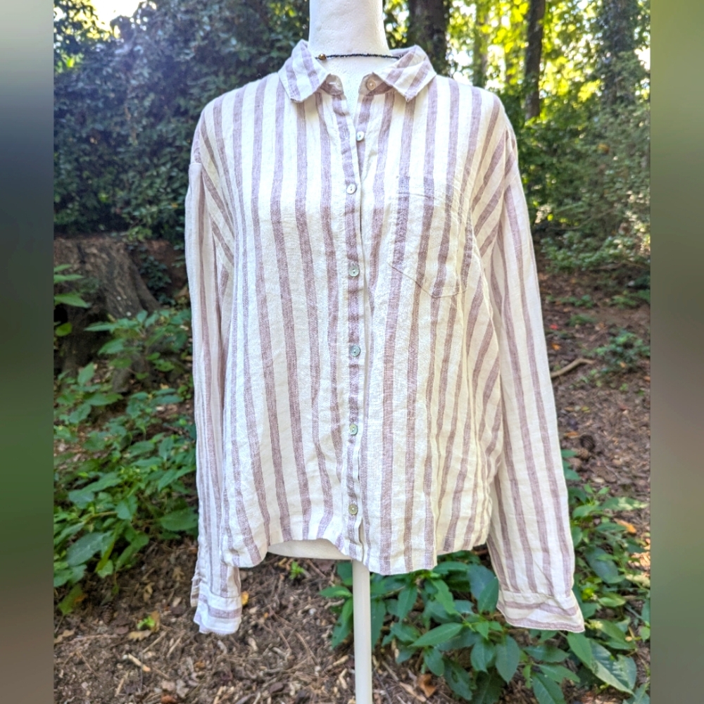 100% linen button down purple cream striped shirt, size Medium
